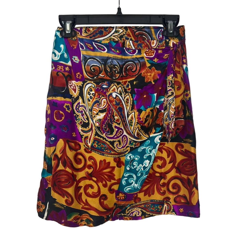 Vintage New York Studio Silk Mini Skirt Faux Wrap Size M Paisley 90s Y2K Print